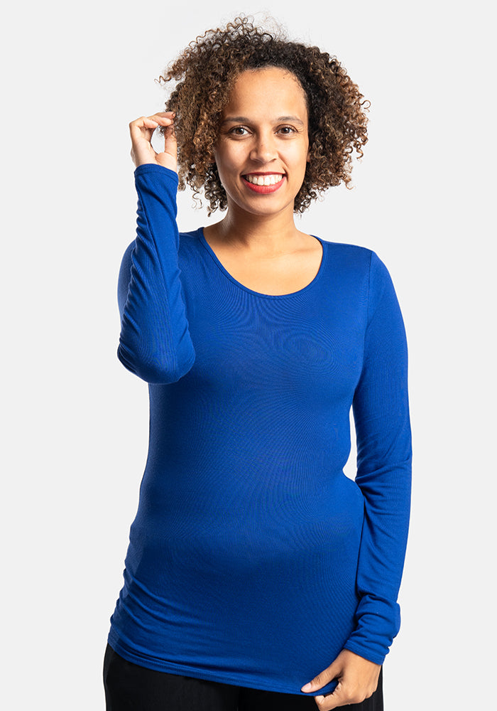 Front view of Deep Royal Long Sleeve Round Neck Top