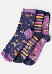3 Pack Hedgehog, Deer & Stripe Knit Socks