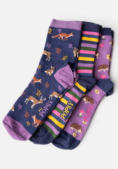 3 Pack Hedgehog, Deer & Stripe Knit Socks