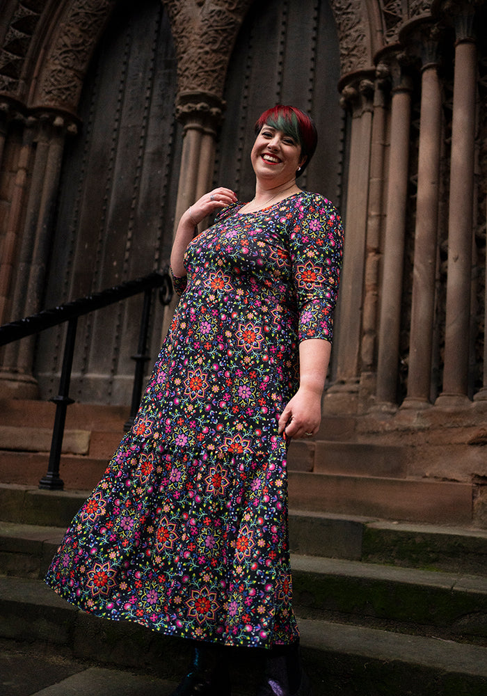 Seventh angle of Dempsey Bright Floral Print Tiered Hem Midaxi Dress