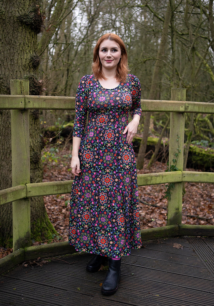 Front view of Dempsey Bright Floral Print Tiered Hem Midaxi Dress