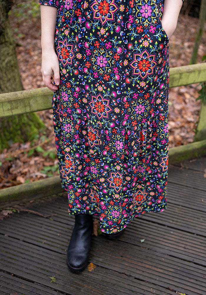 Ninth angle of Dempsey Bright Floral Print Tiered Hem Midaxi Dress