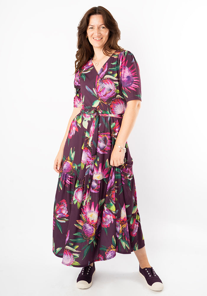 Front view of Denali Large Scale Floral Print Midaxi Dress