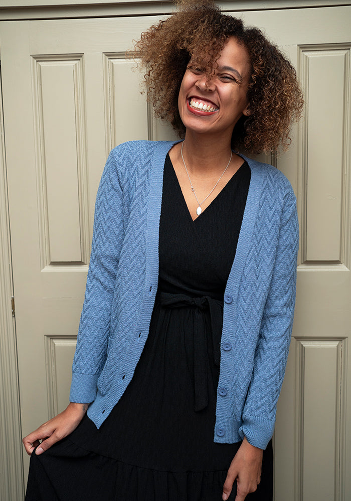 Front view of Denim Chevron Knit Cardigan