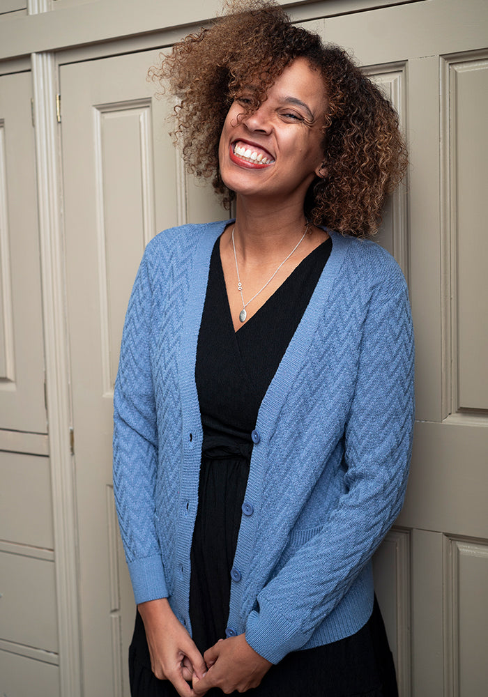 Third angle of Denim Chevron Knit Cardigan