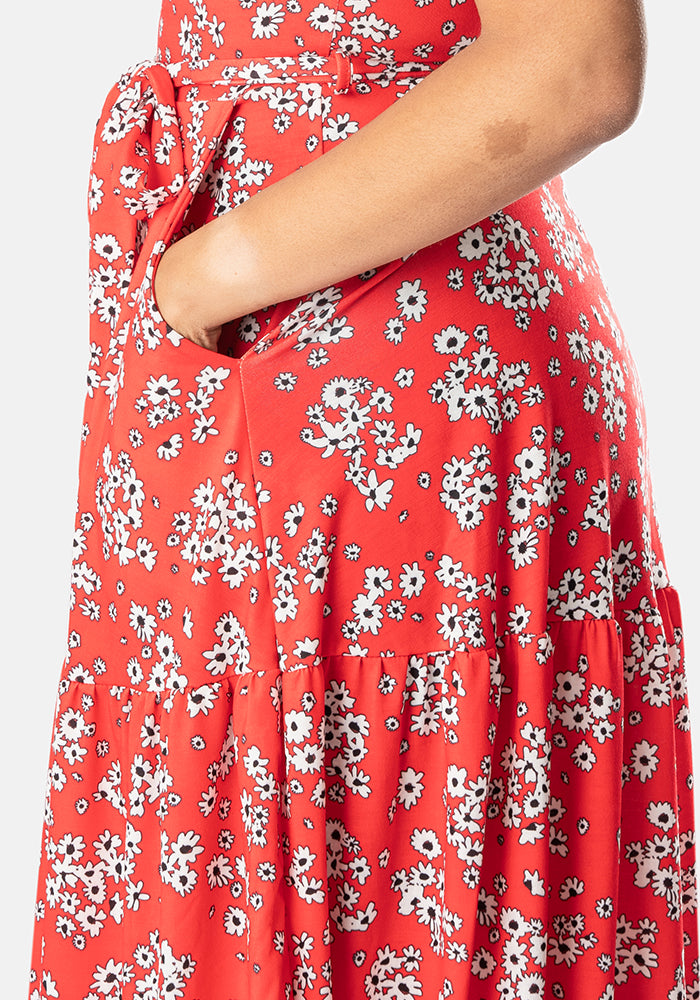 Denver Red Ditsy Floral Print Midi Dress