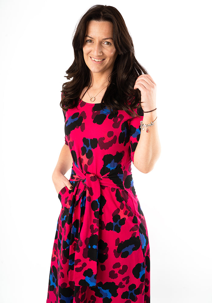 Fifth angle of Detta Large Scale Pink Animal Print Cotton Midi Dress