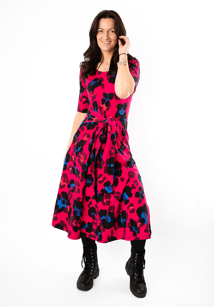 Third angle of Detta Large Scale Pink Animal Print Cotton Midi Dress