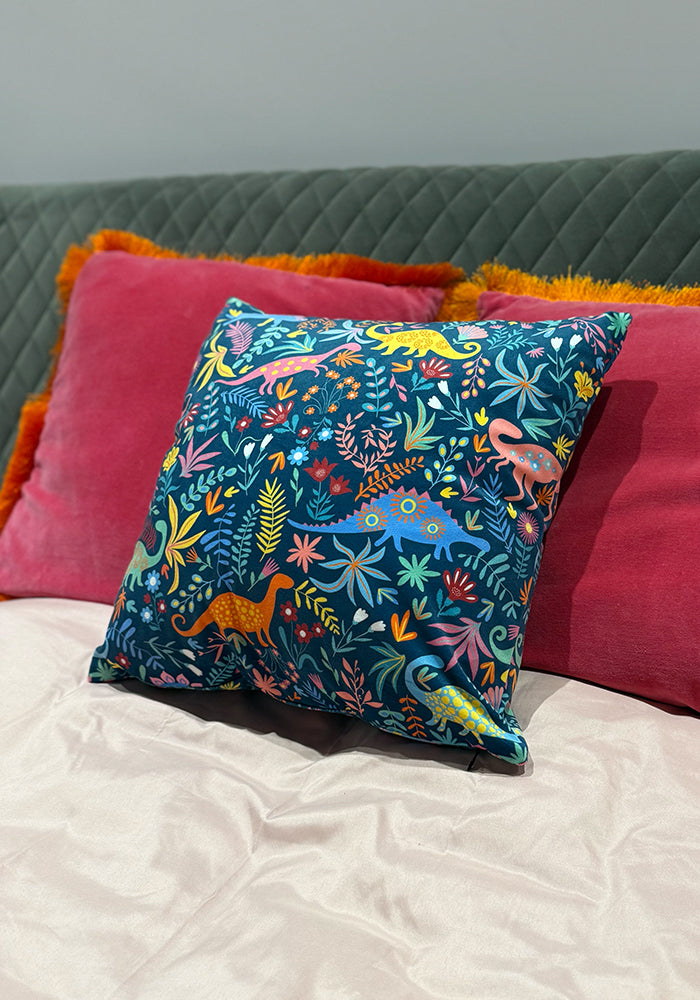 Third angle of Teal Dino Print Cushion Cover