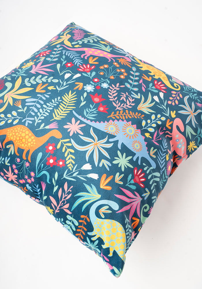 Front view of Teal Dino Print Cushion Cover