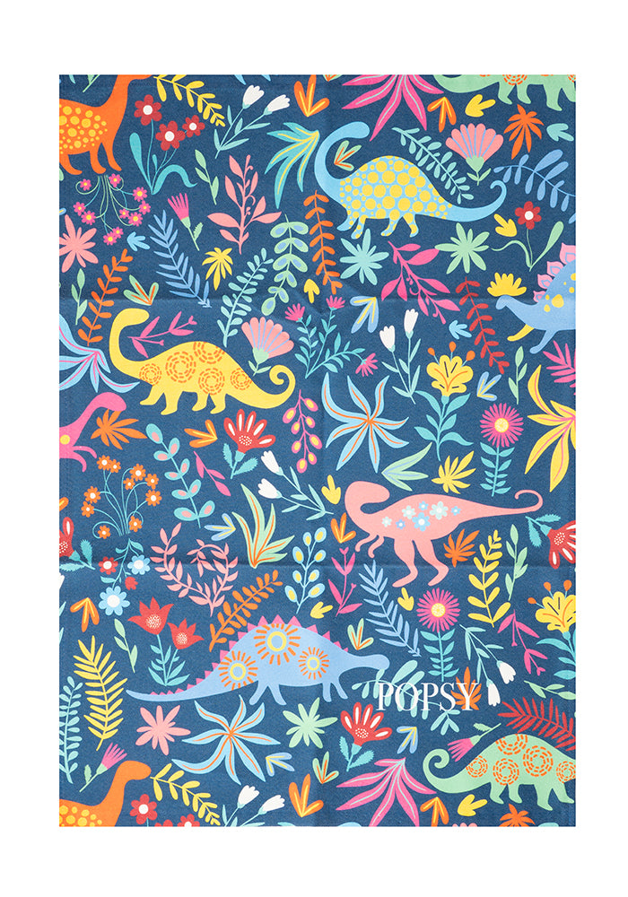 Front view of Blue Dinosaur Print Tea Towel