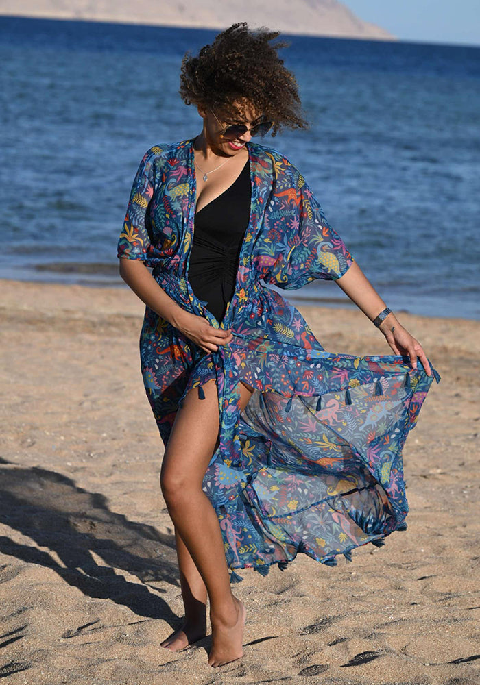 Teal Dinosaur Tie Front Cover Up