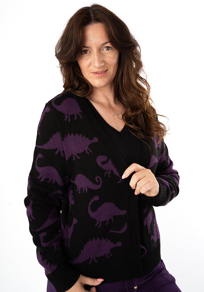 Third angle of Dinosaur Knit Cardigan Black and Purple