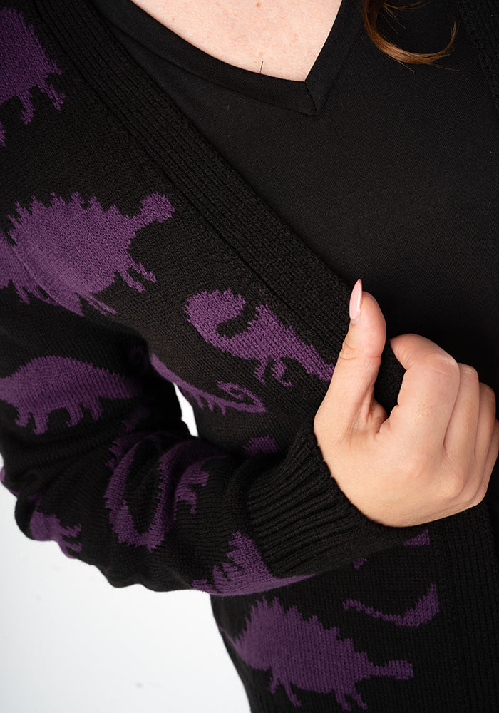 Fourth angle of Dinosaur Knit Cardigan Black and Purple