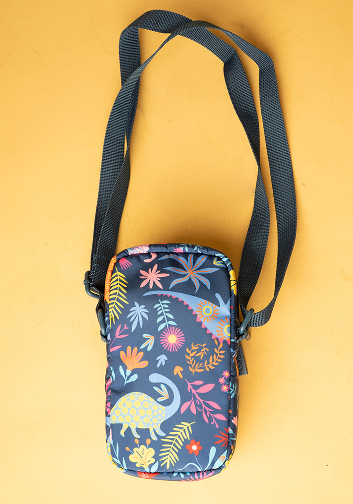 Fourth angle of Teal Dinosaur Print Phone Pocket Bag, teal Dinosaur Phone Pocket Bag with fun print.