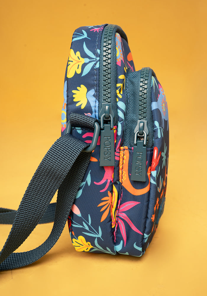 Second angle of Teal Dinosaur Print Phone Pocket Bag, teal Dinosaur Phone Pocket Bag with fun print.