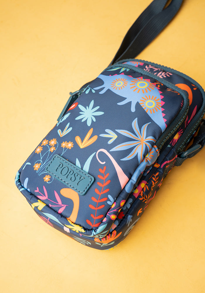 Front view of Teal Dinosaur Print Phone Pocket Bag, teal Dinosaur Phone Pocket Bag with fun print.