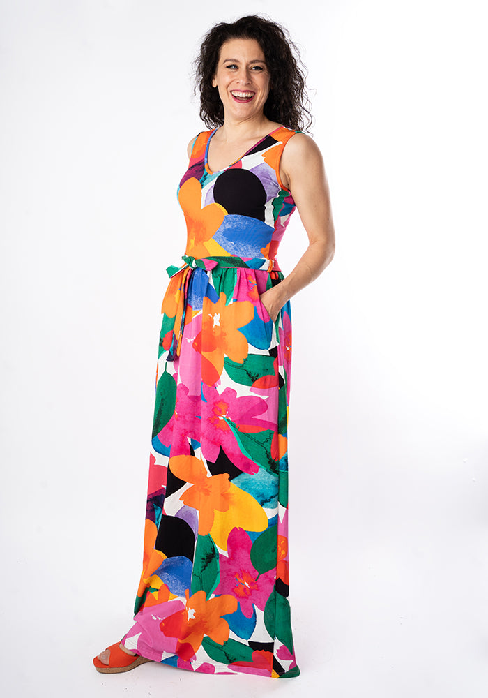Third angle of Diodora Large Watercolour Flower Print Cotton Maxi Dress