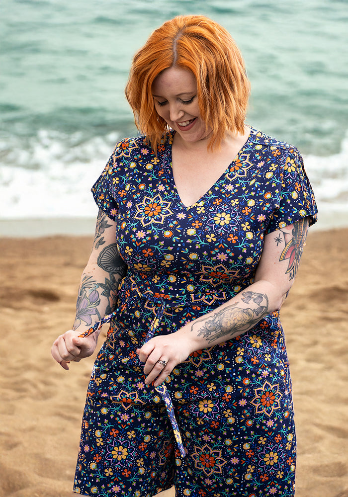 Third angle of Donella Navy Floral Tile Print Cotton Playsuit