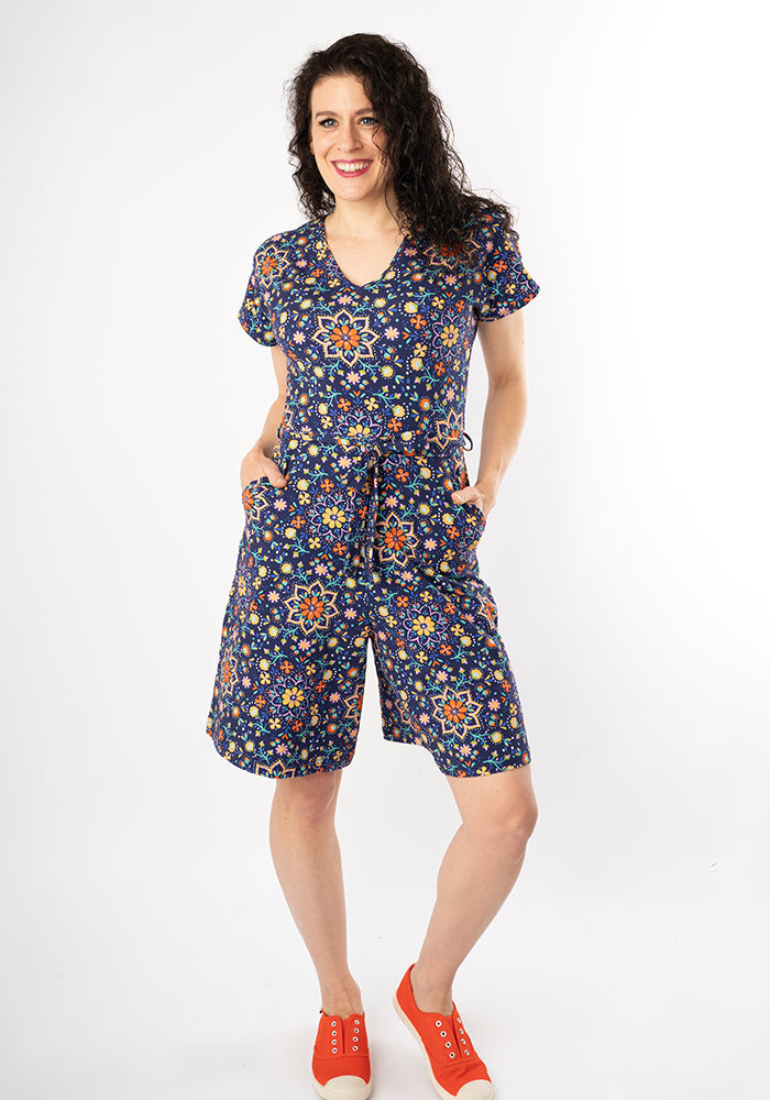 Front view of Donella Navy Floral Tile Print Cotton Playsuit