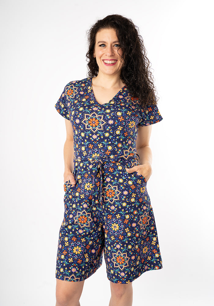 Fourth angle of Donella Navy Floral Tile Print Cotton Playsuit
