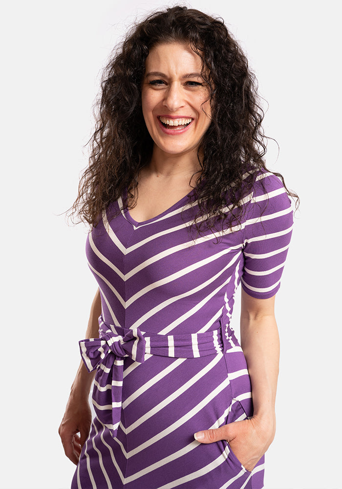 Donna Purple & Ecru Chevron Stripe Viscose Midi Dress