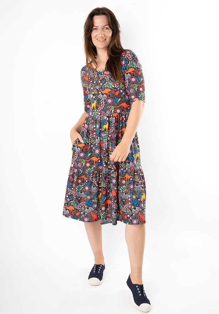 Third angle of Doria Aussie Animal Print Tiered Hem Dress