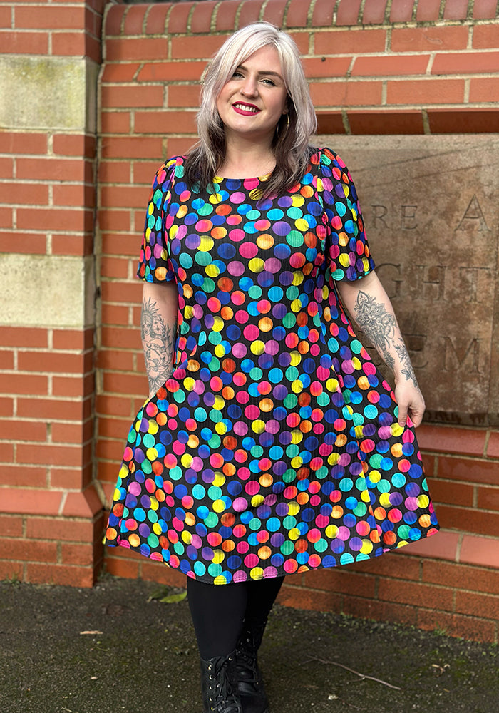 Eighth angle of Dotee Bright Polka Dot Spot Print Jersey Rib Trapeze Dress