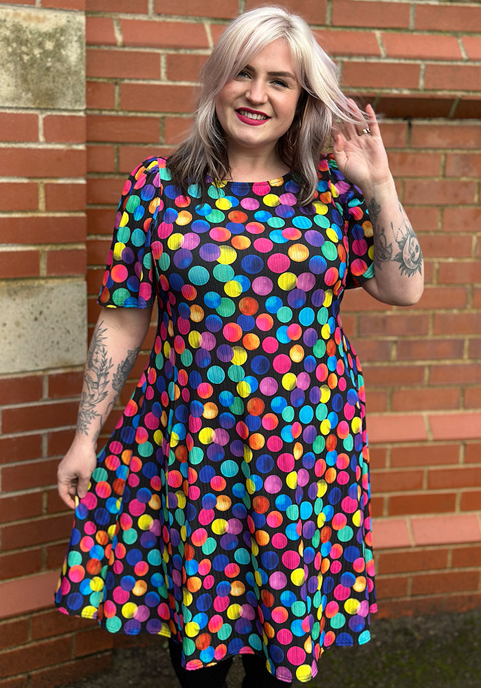 Third angle of Dotee Bright Polka Dot Spot Print Jersey Rib Trapeze Dress