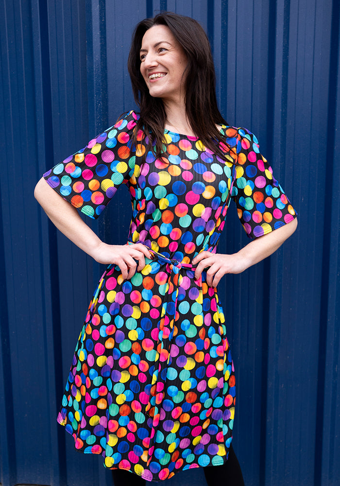 Fifteenth angle of Dotee Bright Polka Dot Spot Print Jersey Rib Trapeze Dress