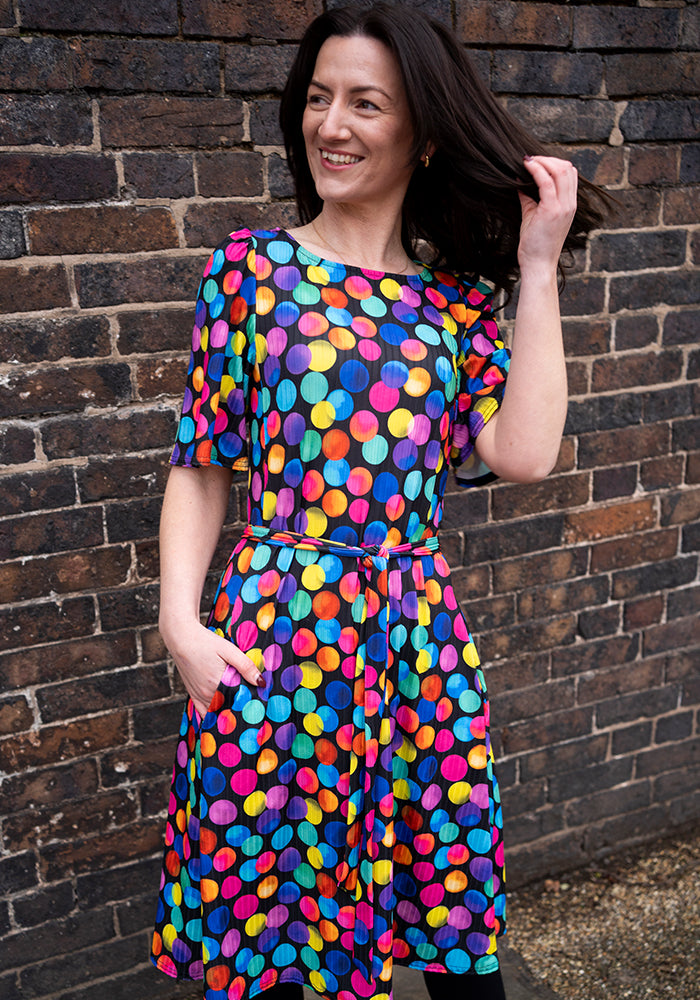 Eleventh angle of Dotee Bright Polka Dot Spot Print Jersey Rib Trapeze Dress