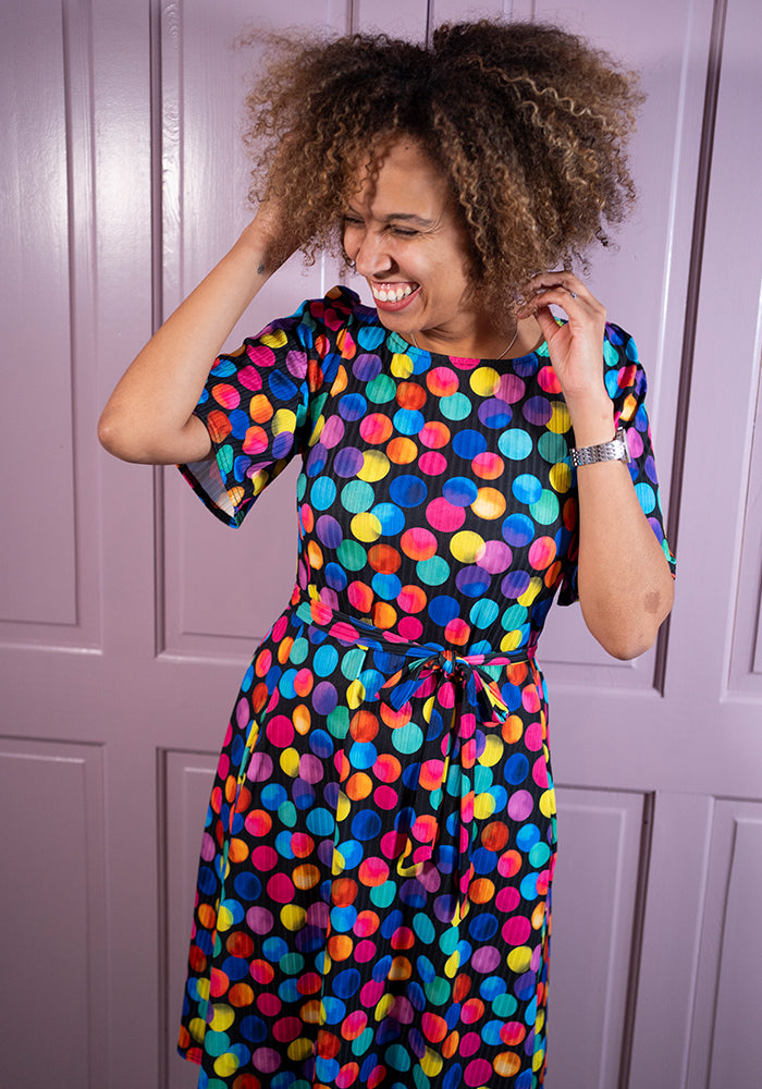 Fourteenth angle of Dotee Bright Polka Dot Spot Print Jersey Rib Trapeze Dress
