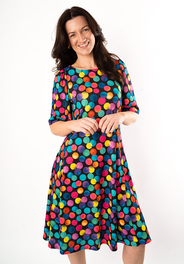 Ninth angle of Dotee Bright Polka Dot Spot Print Jersey Rib Trapeze Dress