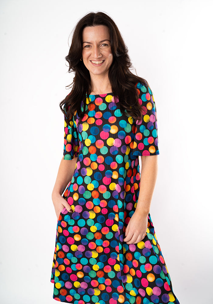 Seventh angle of Dotee Bright Polka Dot Spot Print Jersey Rib Trapeze Dress