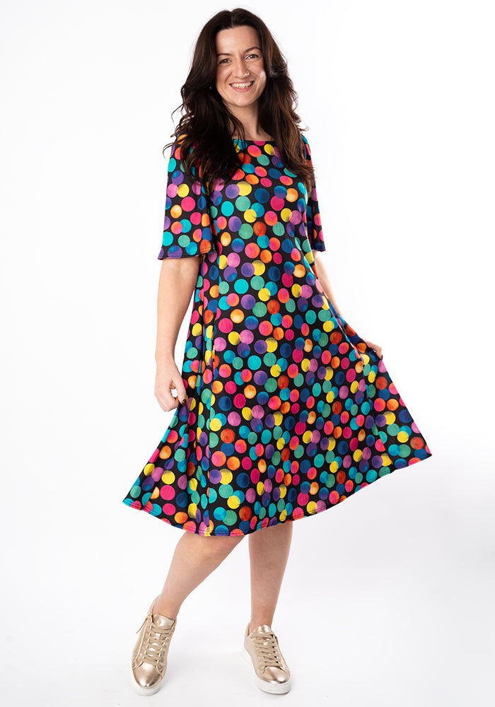 Fourth angle of Dotee Bright Polka Dot Spot Print Jersey Rib Trapeze Dress
