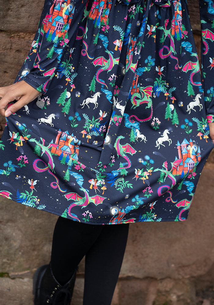 Fourth angle of Meron Fairytale Dragons Print Dress, our jersey is a smooth, stretchy fabric known for its comfort and ease.