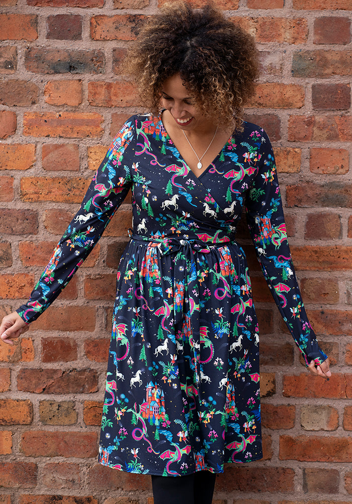 Front view of Meron Fairytale Dragons Print Dress, our jersey is a smooth, stretchy fabric known for its comfort and ease.