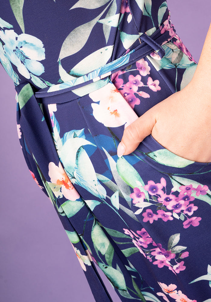 Third angle of Dutton Navy Occasion Floral Print Culotte Leg Jumpsuit