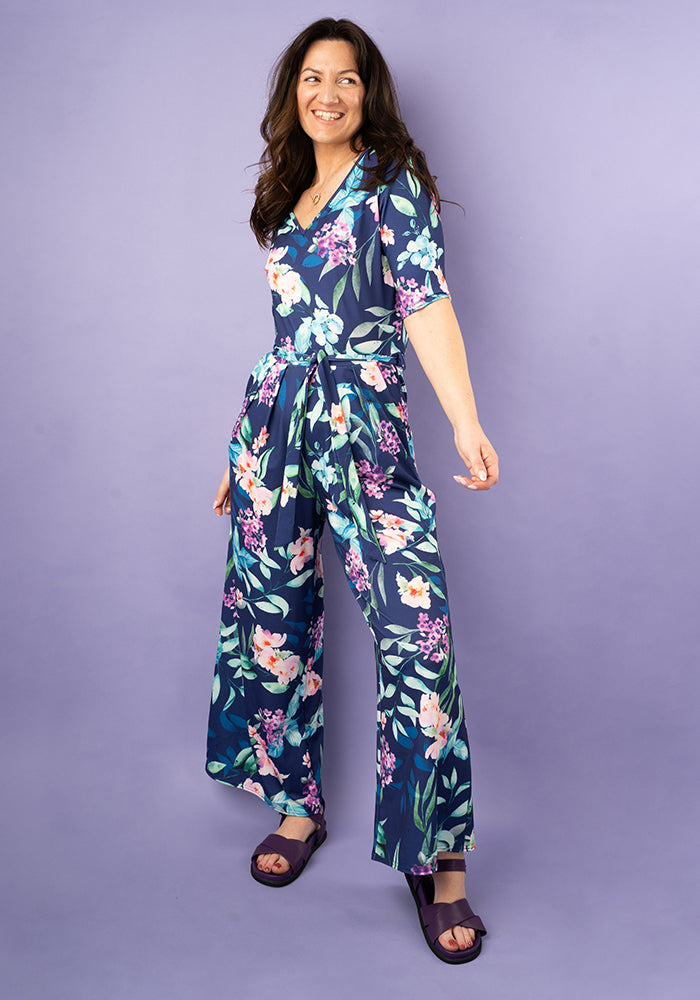 Fourth angle of Dutton Navy Occasion Floral Print Culotte Leg Jumpsuit