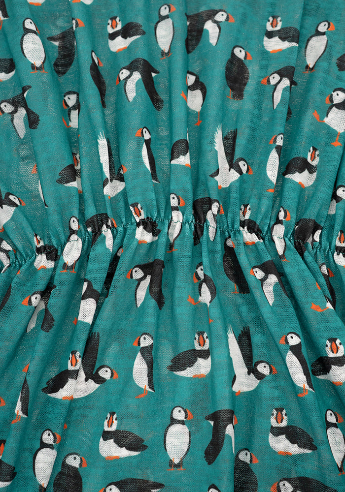Second angle of Dylan Teal Puffin Print Cover Up, a seaside inspired puffin print cover up from Popsy Clothing.