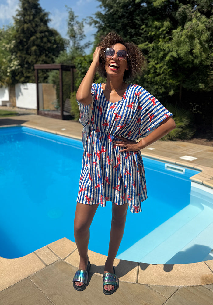 Third angle of Dylan Stripe Lobster Print Cover Up, lobster stripe print cover up perfect for beach or spa day.