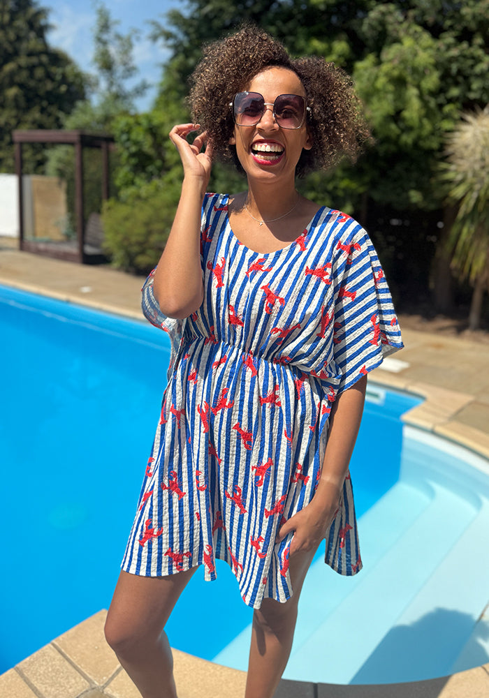 Front view of Dylan Stripe Lobster Print Cover Up, lobster stripe print cover up perfect for beach or spa day.