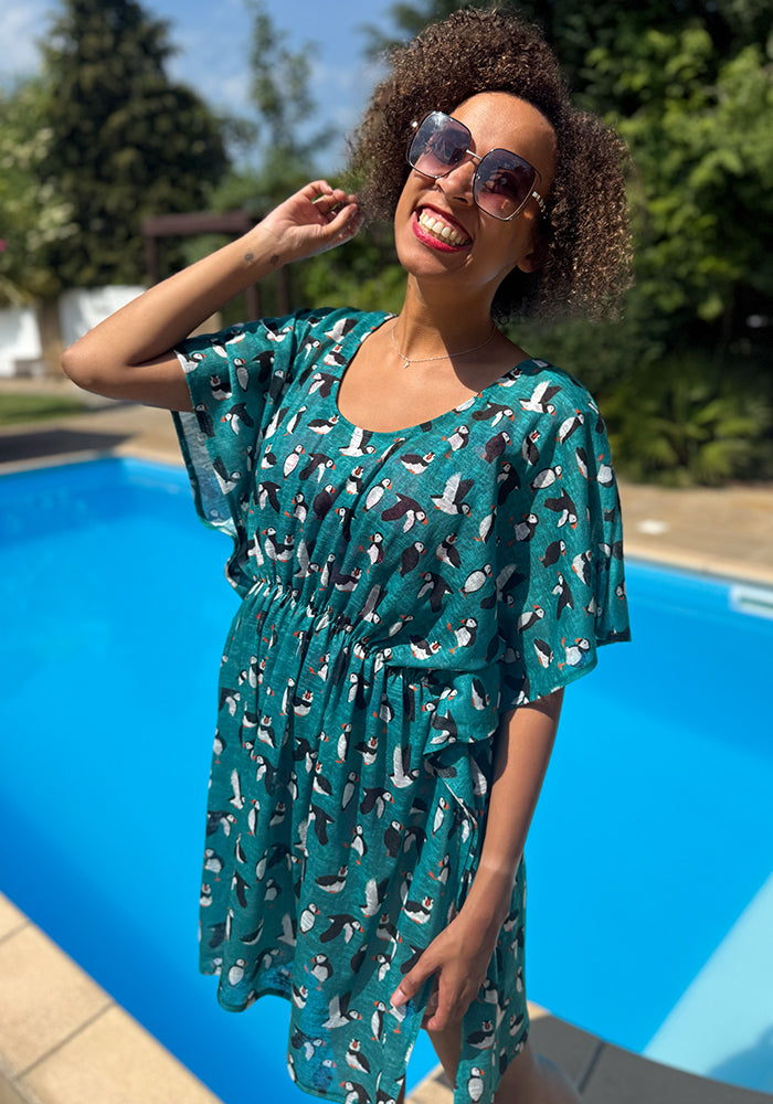 Front view of Dylan Teal Puffin Print Cover Up, a seaside inspired puffin print cover up from Popsy Clothing.