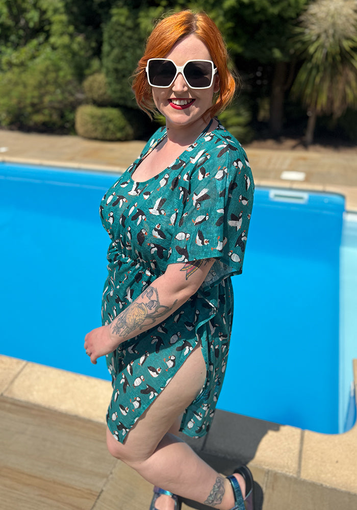 Sixth angle of Dylan Teal Puffin Print Cover Up, a seaside inspired puffin print cover up from Popsy Clothing.