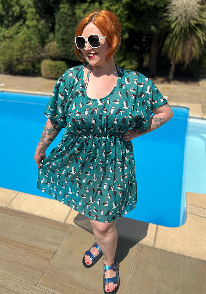 Fourth angle of Dylan Teal Puffin Print Cover Up, a seaside inspired puffin print cover up from Popsy Clothing.