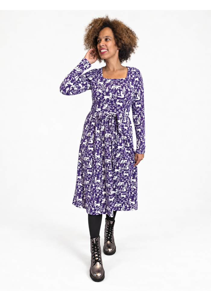 Reene Purple Woodland Animal Print Cotton Midi Dress