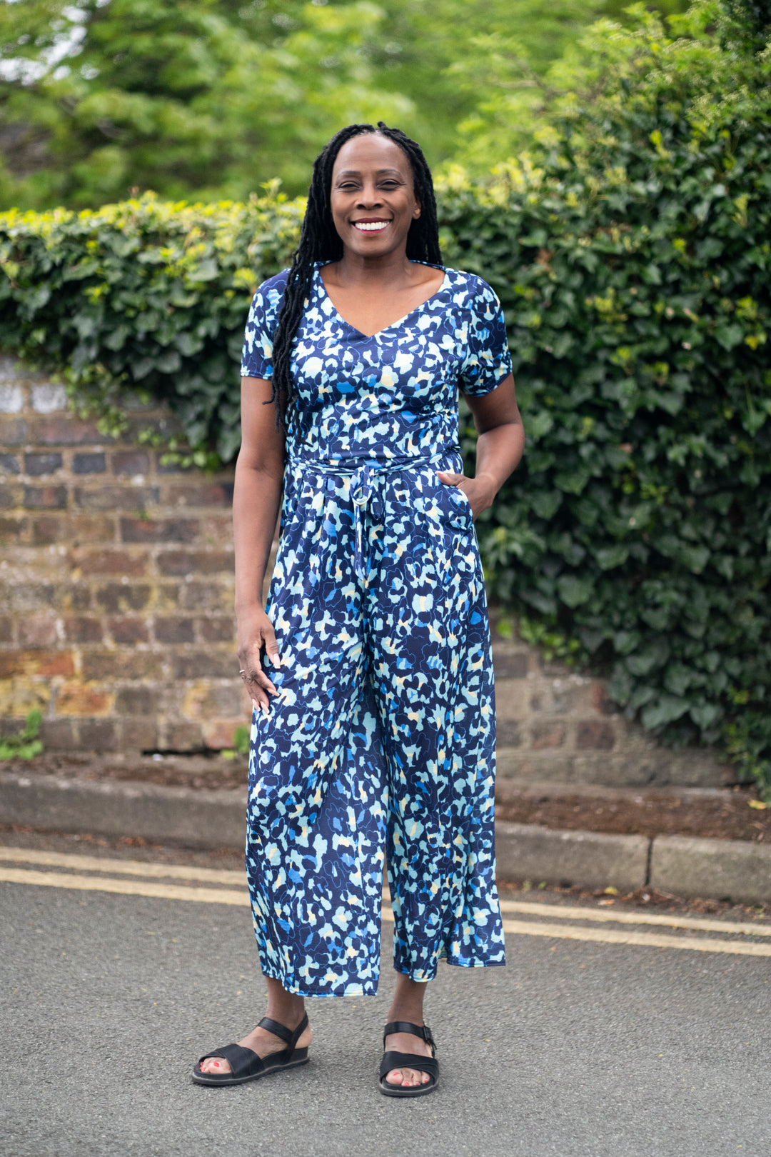 Front view of Iona Blue Abstract Animal Print Culotte Leg Jumpsuit