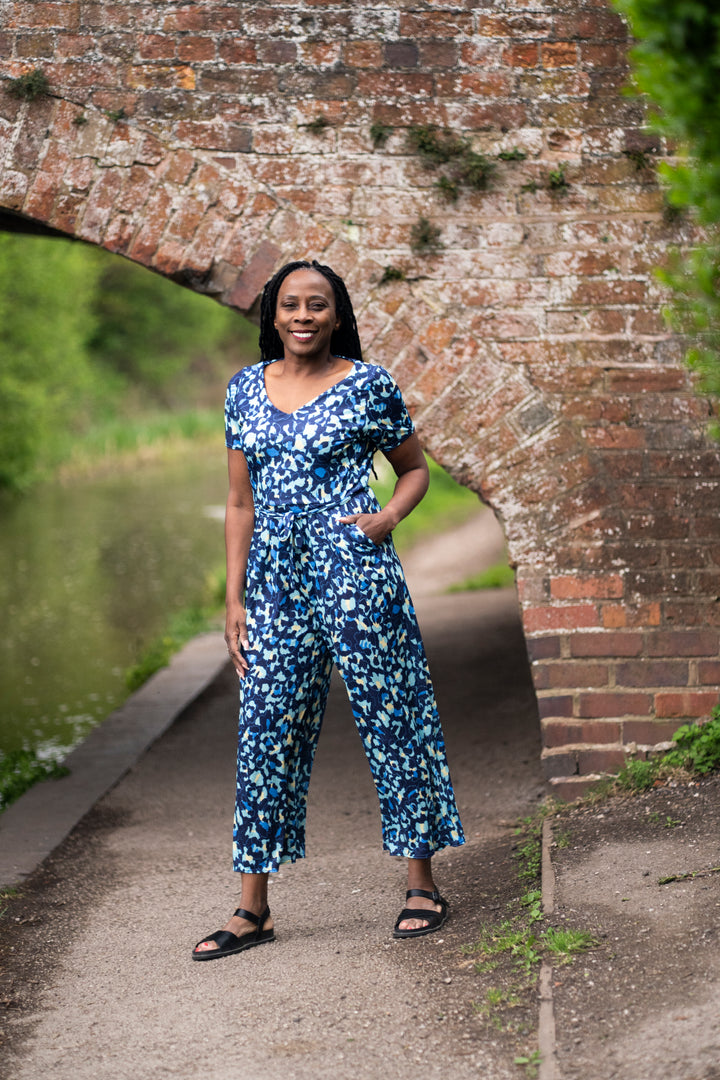 Eighth angle of Iona Blue Abstract Animal Print Culotte Leg Jumpsuit