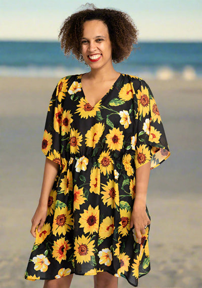 Black Sunflower Print Cover Up