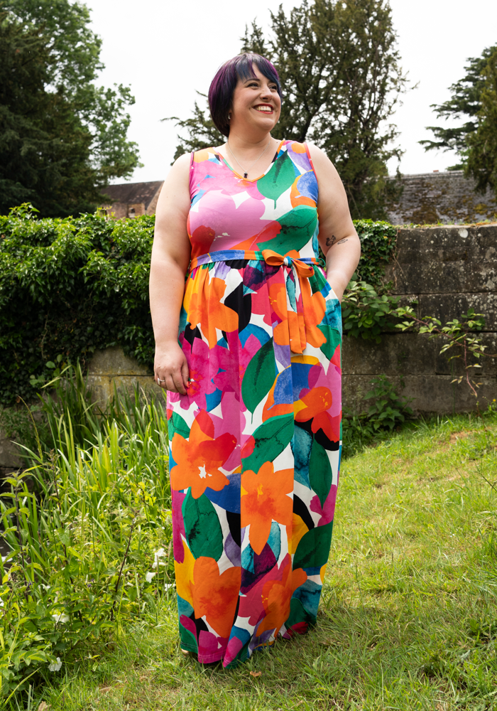 Front view of Diodora Large Watercolour Flower Print Cotton Maxi Dress